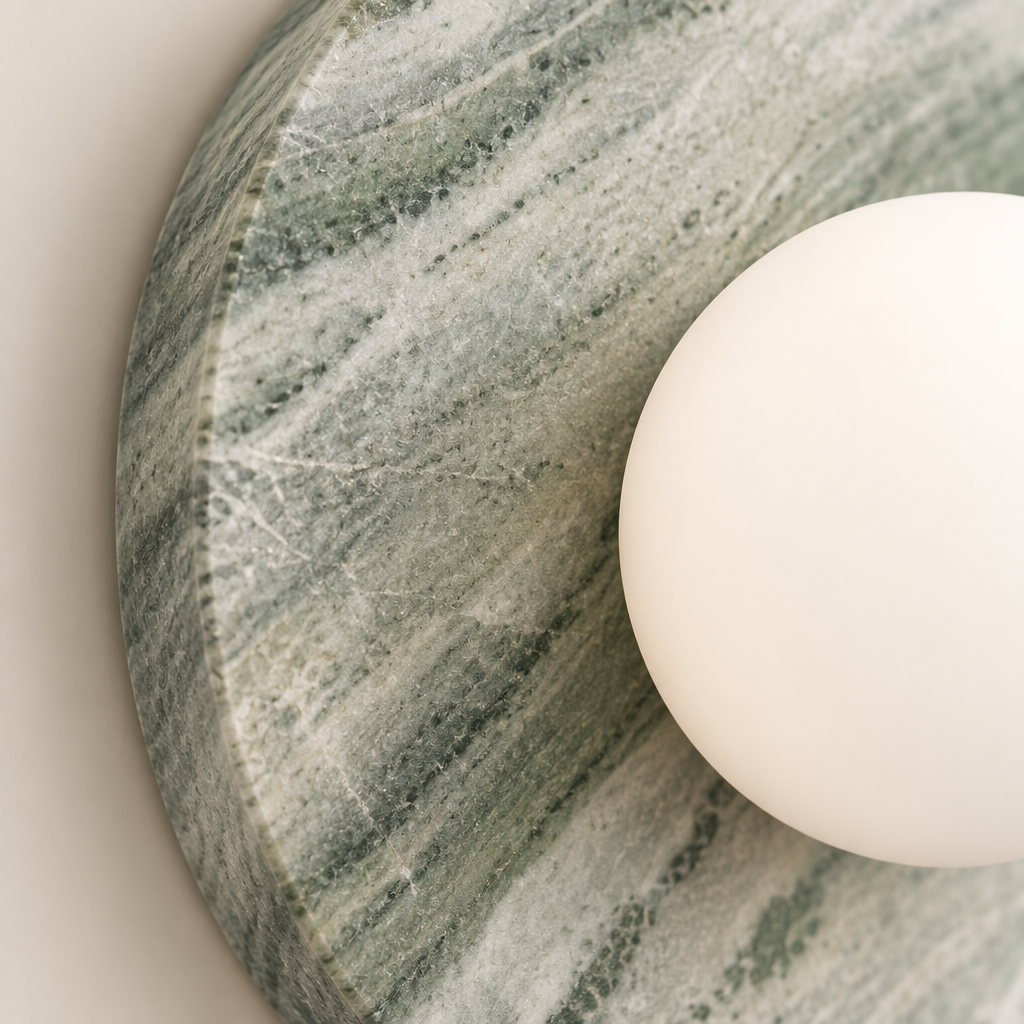 Whitby Marble-Effect Wall Light – close-up of the green veined disc and globe