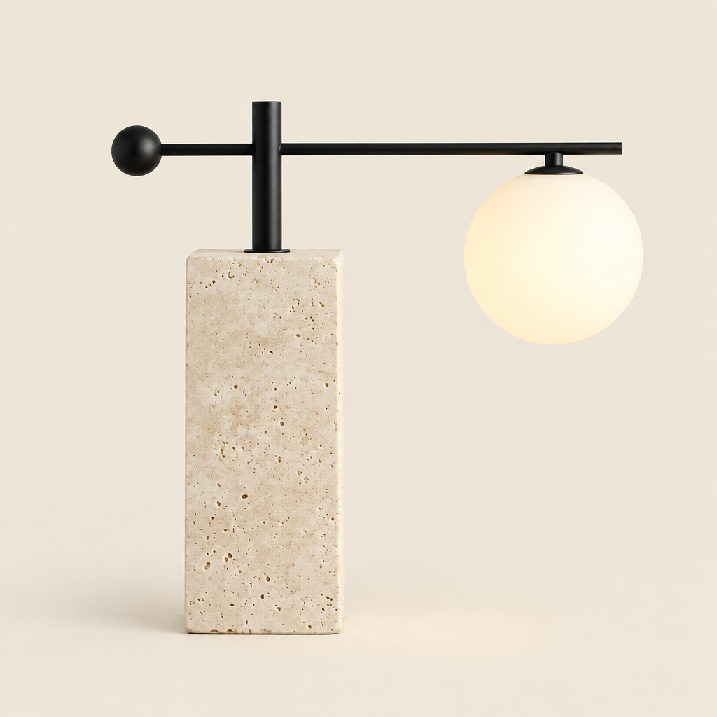 Woodstock Stone Table Lamp – switched on, studio view