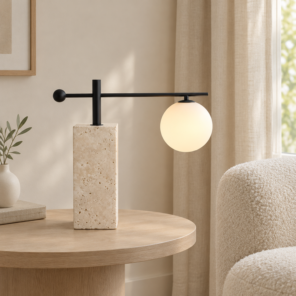 Woodstock Stone Table Lamp – beside a boucle armchair
