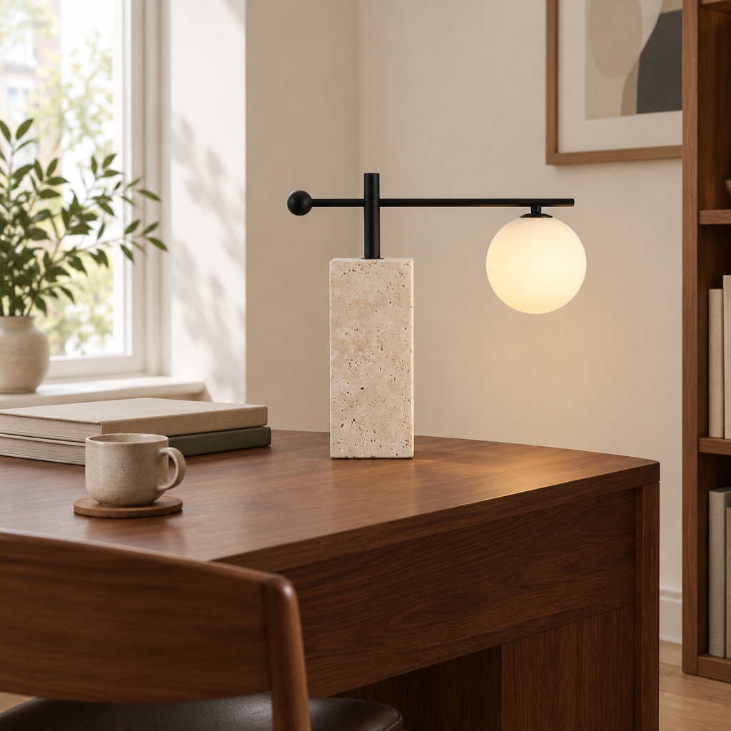 Woodstock Stone Table Lamp – on a walnut desk
